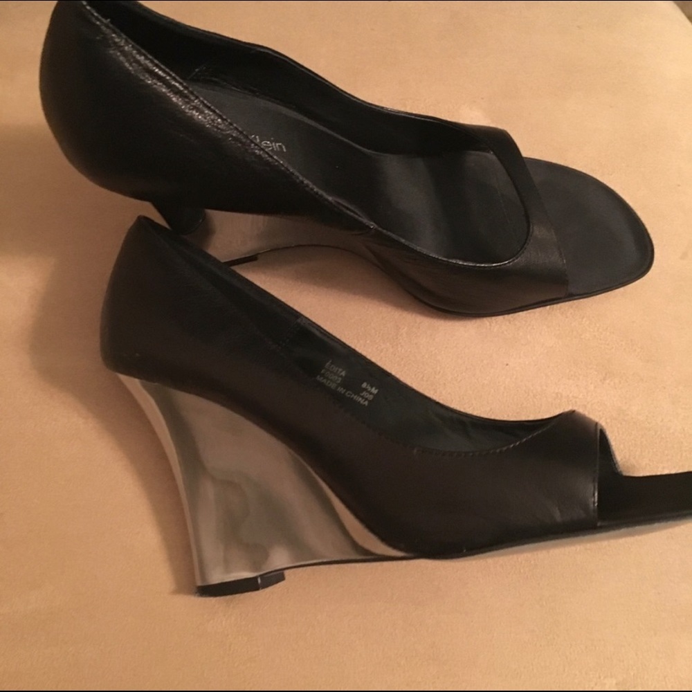 Calvin Klein Black Open Toe Wedges Silver Heel